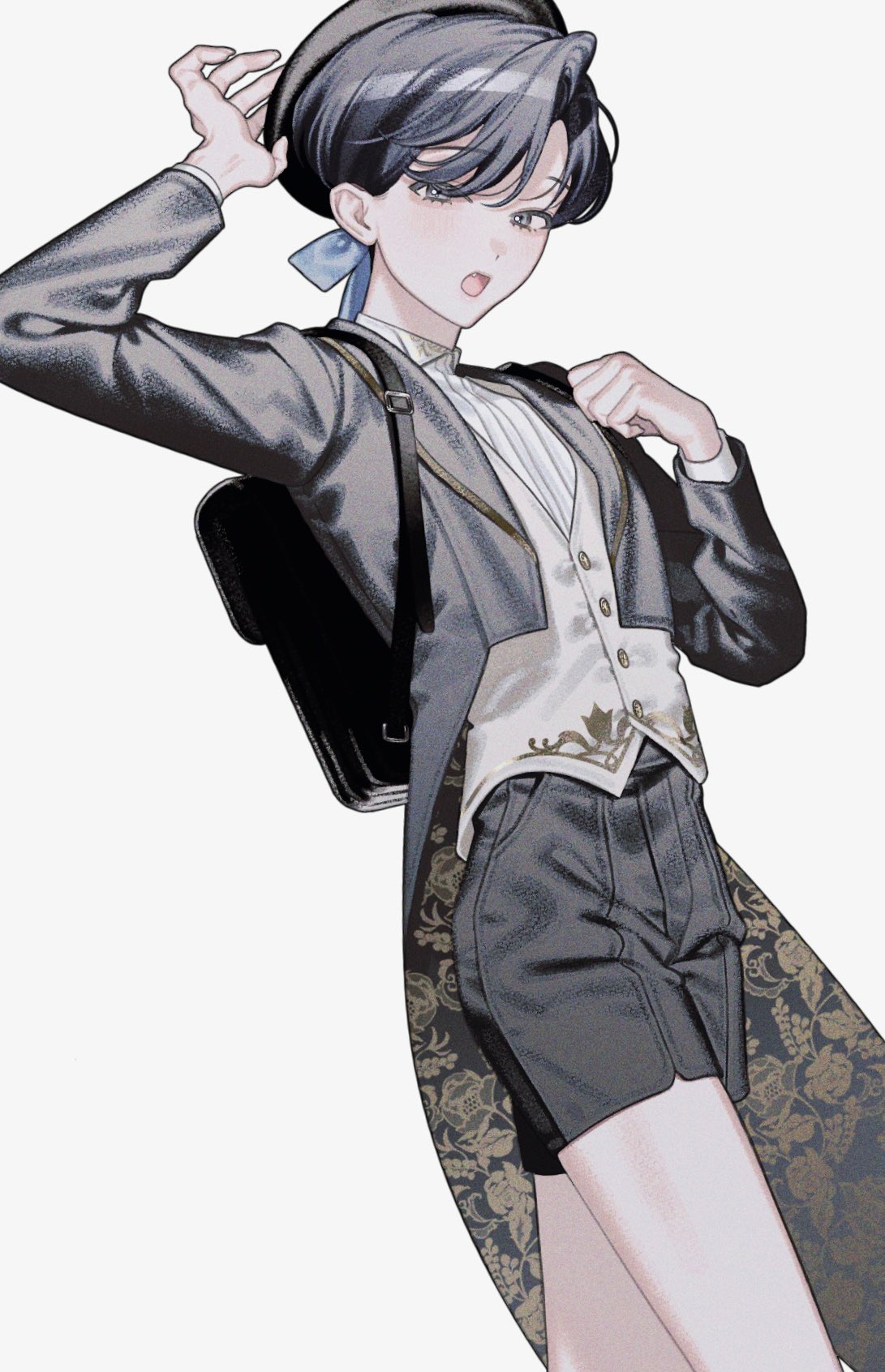 the image is a digital drawing of an animestyle boy. he is wearing a gray suit with a gold and floral patterned waistcoat, dark shorts, and a darkcolored hat. he is carrying a black backpack.  he has short dark hair and a somewhat surprised expression. the art style is detailed, and the color palette is muted grays and silvers with gold accents. the boy is posed with one hand adjusting his hat and the other on his waist.