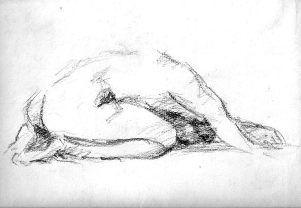 a simple, minimalist pencil sketch of a nude figure. the figure is posed in a reclining position, with their back to the viewer and their head resting on their arm. the sketch focuses on the contours of the body, with minimal detail in the facial features or other elements. the lines are fluid and expressive, creating a sense of movement and dynamism. the overall tone of the sketch is somber and introspective.