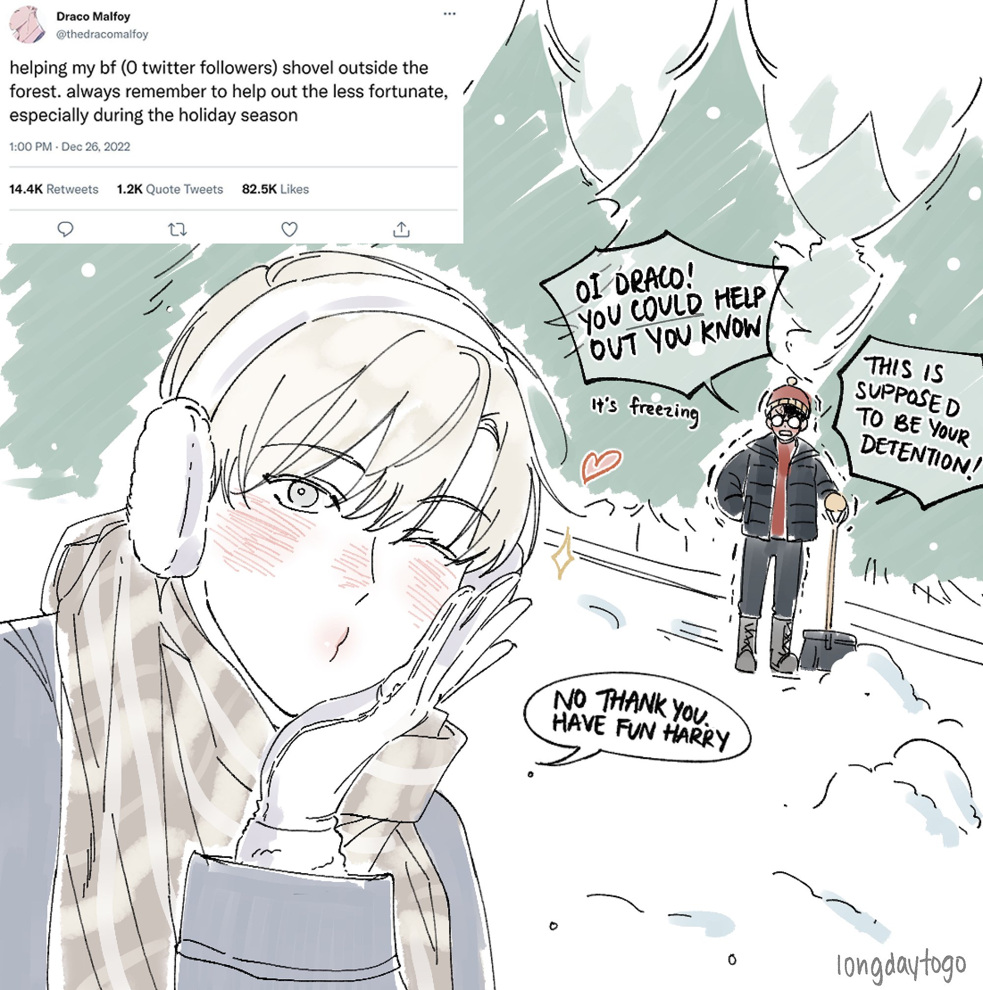 the image is a digital fanart depicting a scene from a twitter post by an artist who uses the handle @thedracomalfoy. the artwork shows a stylized, chibilike drawing of draco malfoy, bundled up warmly in winter attire, looking bashfully at the viewer. in the background, a smaller figure resembling harry potter is shown shoveling snow, seemingly assigned "detention" but enjoying the task. speech bubbles convey a playful interaction between the two characters. the main focus is on draco's cute expression and the overall cheerful winter setting, contrasting the supposed punishment with the joy of helping others during the holiday season.  the original tweet at the top indicates the artist is encouraging their followers to help those less fortunate.