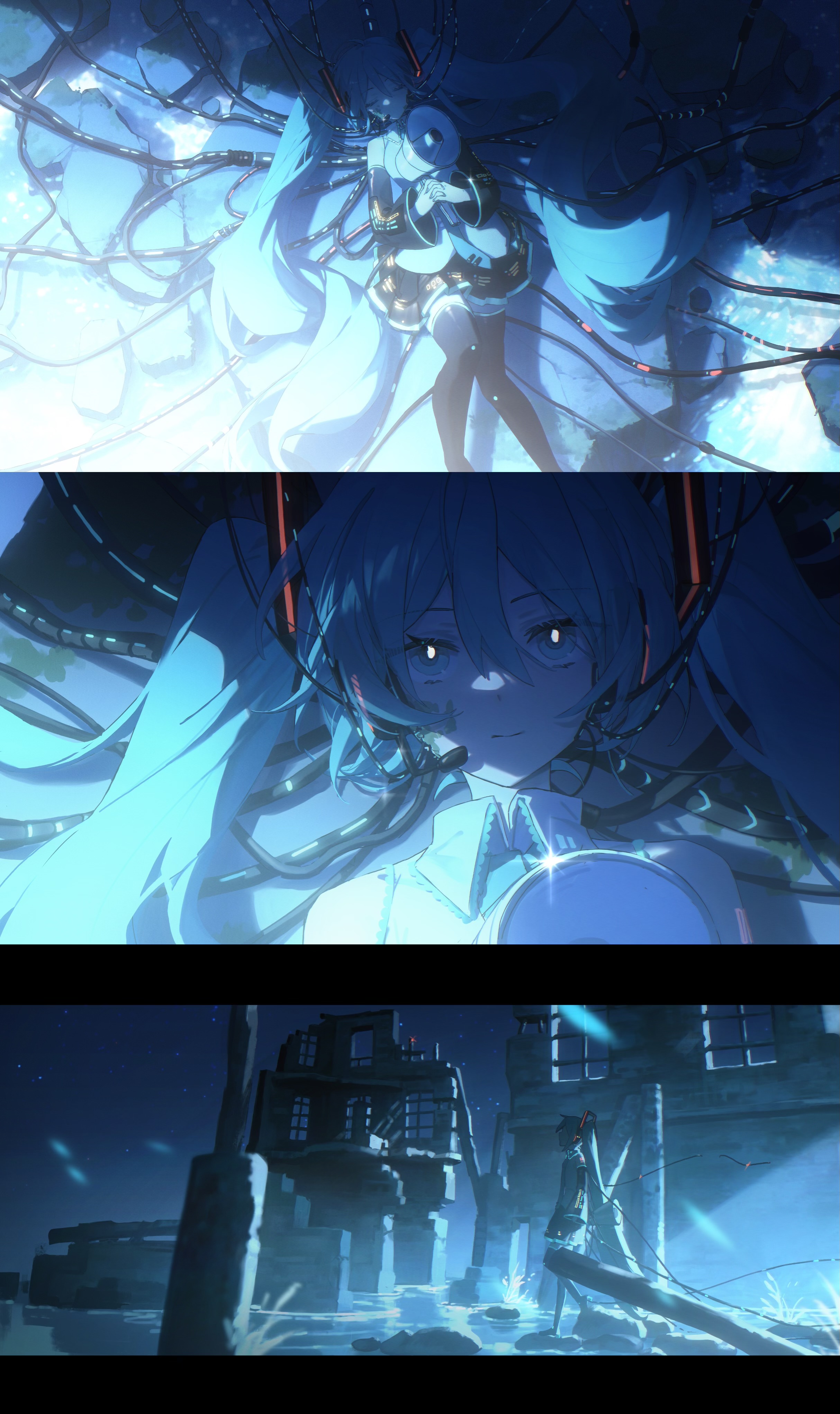 the image is a collage of three scenes. the top scene features an anime figure, possibly hatsune miku, surrounded by wires, with a bright, ethereal glow. the middle scene is a closeup of the same character, with a more intense, focused expression. the bottom scene depicts urban ruins, possibly flooded, with a figure standing among the debris. the overall color scheme is dominated by shades of blue.