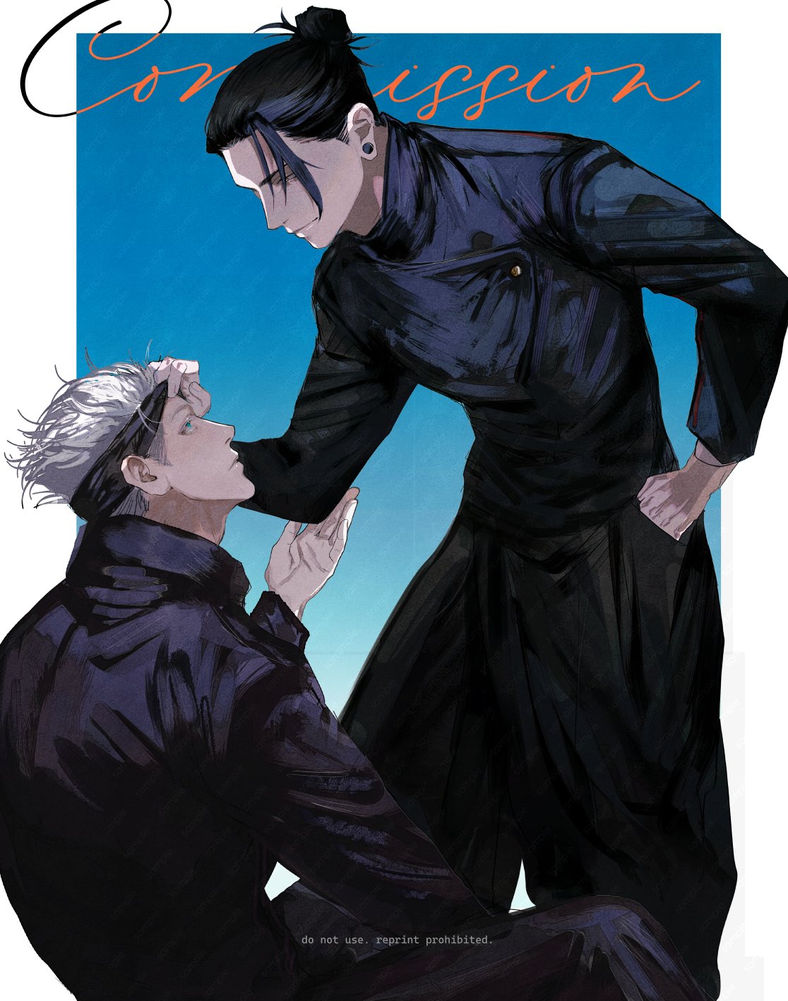 the image is a digital illustration of two anime characters, both male, in a romantic scene. one character has black hair and is leaning down to kiss the other character, who has white hair. they are both wearing black clothing and standing in front of a blue background.  the artwork is very detailed and has a lot of emotion and feeling. it has a caption below "do not use. reprint prohibited."
