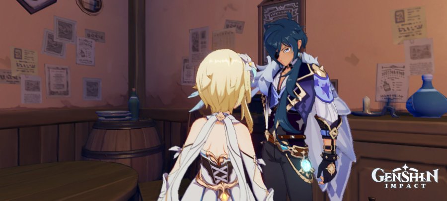 the image is a screenshot from the video game genshin impact. it shows two characters, likely aether (blonde, femalepresenting) and scaramouche (bluehaired male), standing close together in a tavernlike setting.  aether appears to be turned slightly away from scaramouche. the tavern has wooden barrels, a bar, and various posters and notices on the walls.  the genshin impact logo is visible in the bottom right corner. the scene suggests a moment of conversation or interaction between the two characters. the art style is characteristic of animeinspired video games.