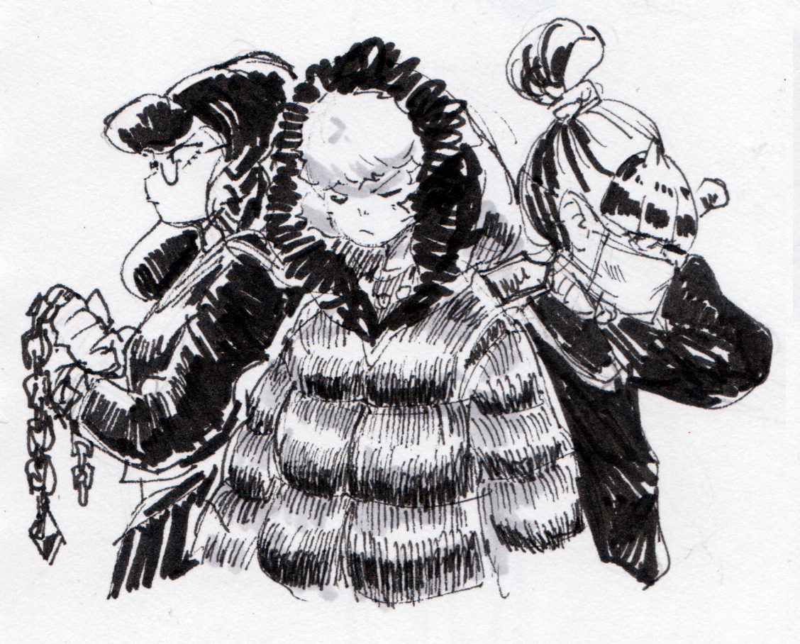 a drawing of three young girls dressed in winter clothes. the girl in the middle has her back turned, and the other two girls are on either side of her. the girl in the middle is wearing a puffy jacket. the girl on the left is wearing a scarf and the girl on the right is wearing a headband. the girls are all smiling and seem to be having a good time together.  this is a very detailed and expressive drawing in black ink.  the artist used a lot of shading and detail to create a realistic and engaging image.