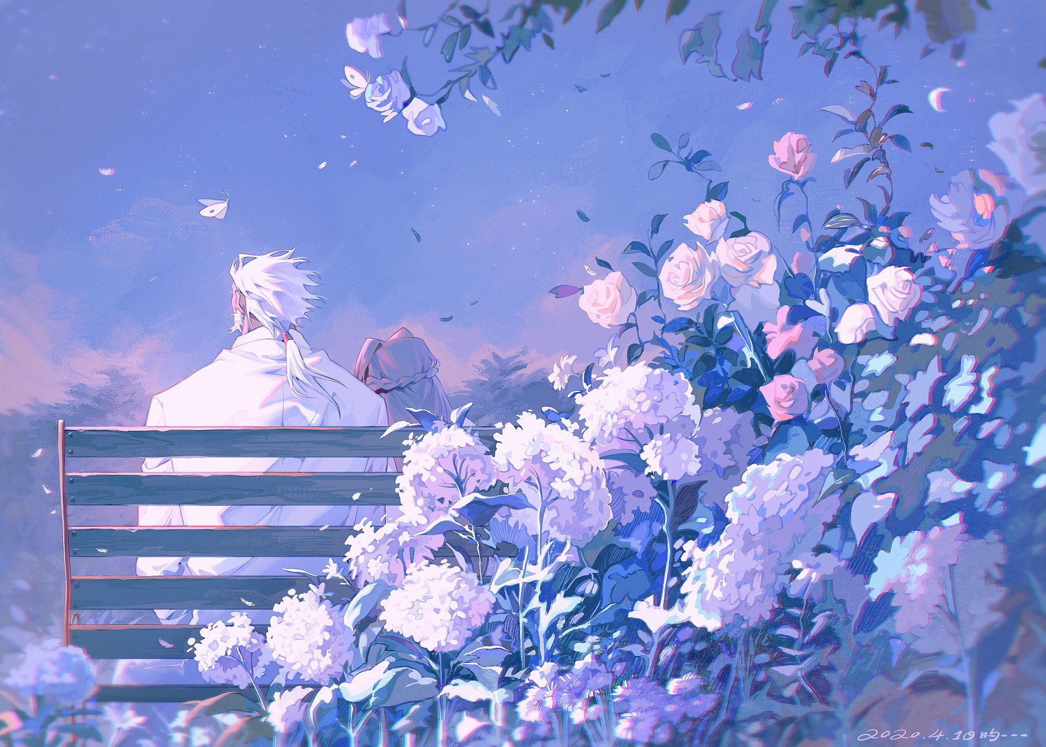 the image is a digital painting of a couple sitting on a bench in a garden. the man is wearing a white coat and the woman is wearing a pink and white dress. they are both looking at something in the distance. the garden is full of flowers, including hydrangeas and roses. the sky is a soft purple and blue, and there are some pink and white clouds in the sky. the overall feeling of the image is one of peace and tranquility.