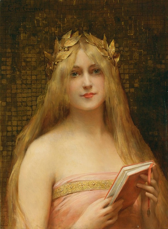 a portrait painting by léon comerre depicts a fairskinned woman with long, blonde hair and a golden laurel wreath upon her head. she wears a pink dress with a golden band at the neckline and holds a red book. the background is a textured golden color.