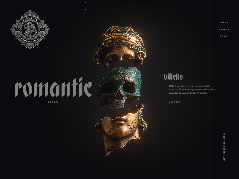 the image is a website design for a company called "billelis." the design is dark and mysterious with a gold and green color scheme. the website features a 3d rendering of a skull with golden features and a human face. the skull and face are broken into pieces and floating in the air. the design is elegant and abstract, and it gives a sense of luxury and sophistication. the website also features a logo for billelis, as well as links to "work," "about," and "blog." the image is a beautiful and intriguing piece of web design, and it effectively conveys the company's brand identity.