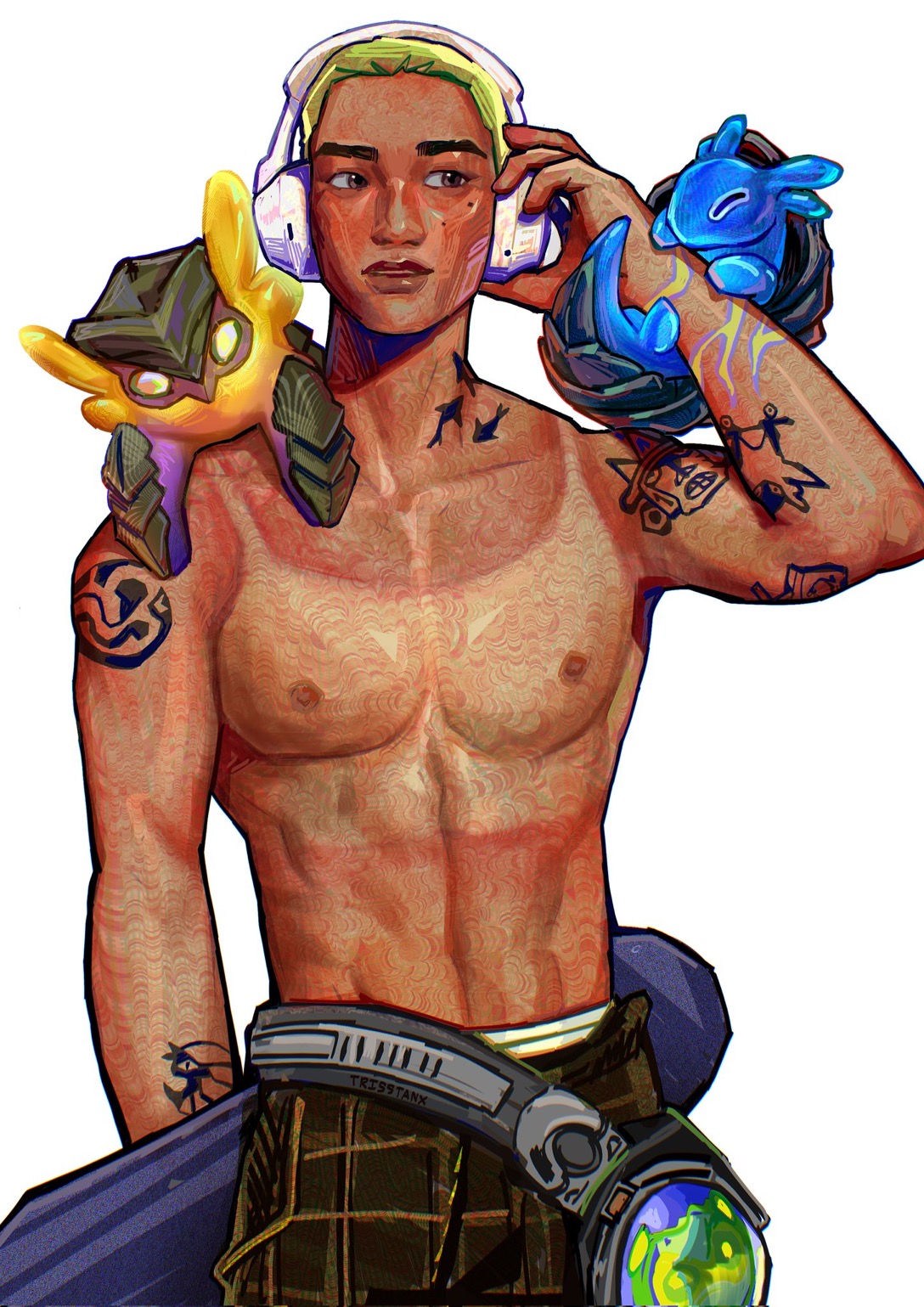 the drawing shows a muscular young man with bleached blonde hair, standing with his upper torso exposed. he has various tattoos on his arms and chest.  he wears white headphones and has three stylized axolotl figures  two on his left shoulder and one on his right wrist.  he wears pants with a green, black, and brown plaid pattern and a black belt with a pouch attached. a skateboard is partially visible behind him on the left side of the image.