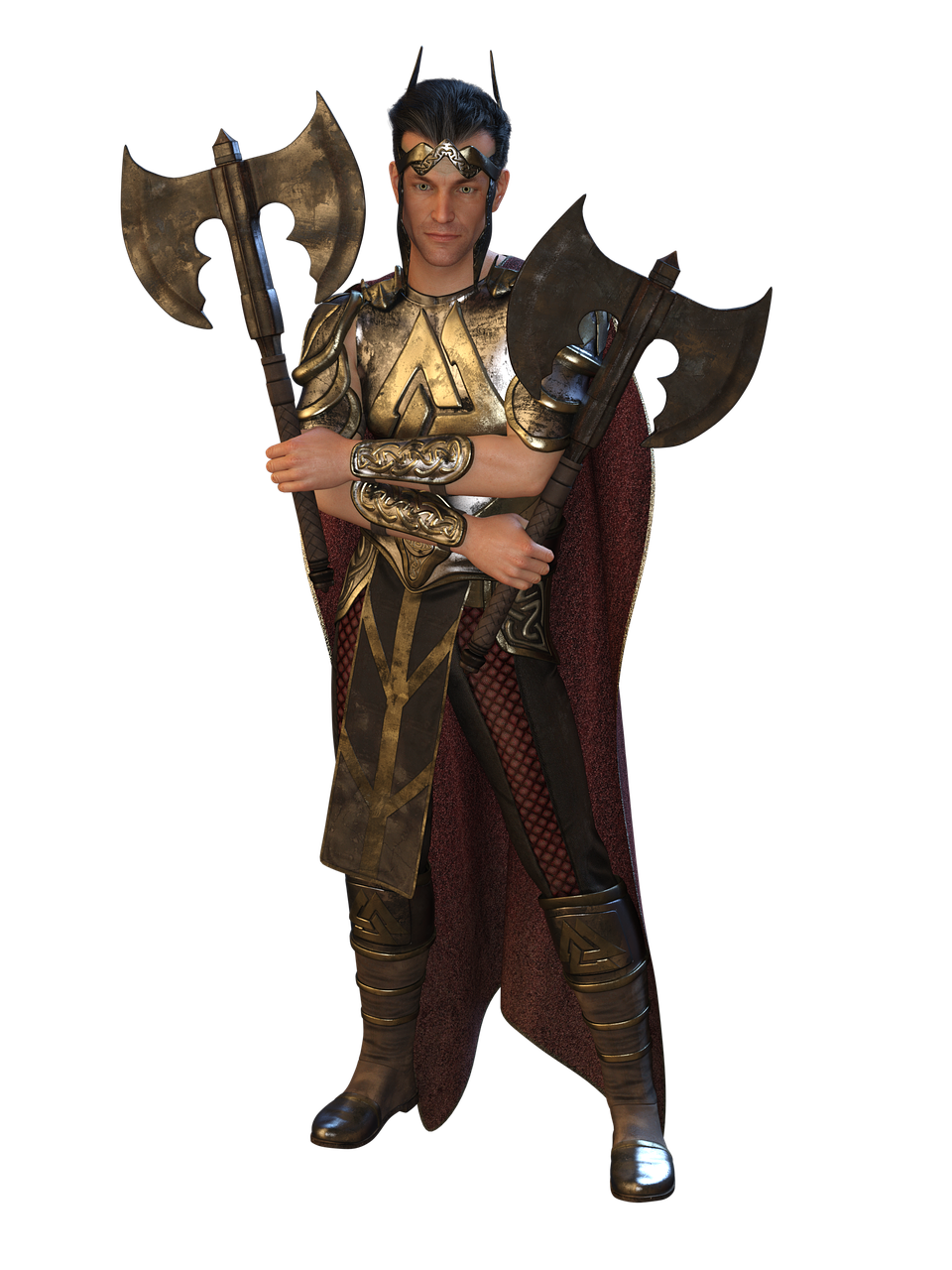 a man dressed as a fantasy warrior stands with two axes against a dark background. he wears ornate golden armor, a cape, and boots.