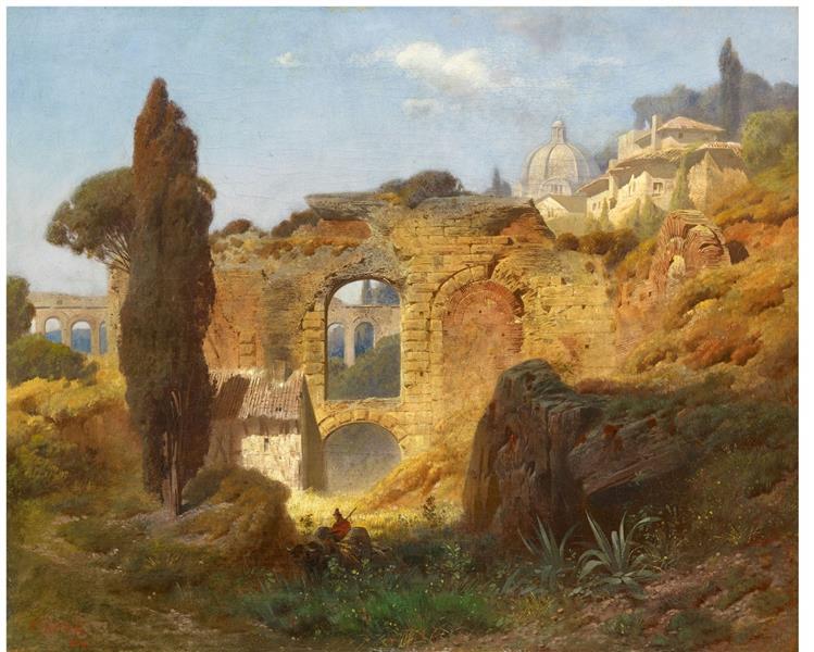 the image is a painting depicting a landscape featuring roman ruins. a large, crumbling stone structure dominates the center, with arched openings revealing glimpses of other ruins beyond. to the left, a tall, slender tree stands beside a small, roofed building nestled among greenery. in the background, a city with a prominent dome is visible atop a hill. the foreground is filled with lush foliage and rocks, adding depth and texture to the scene. the painting captures a sense of history and decay, combined with the beauty of nature.