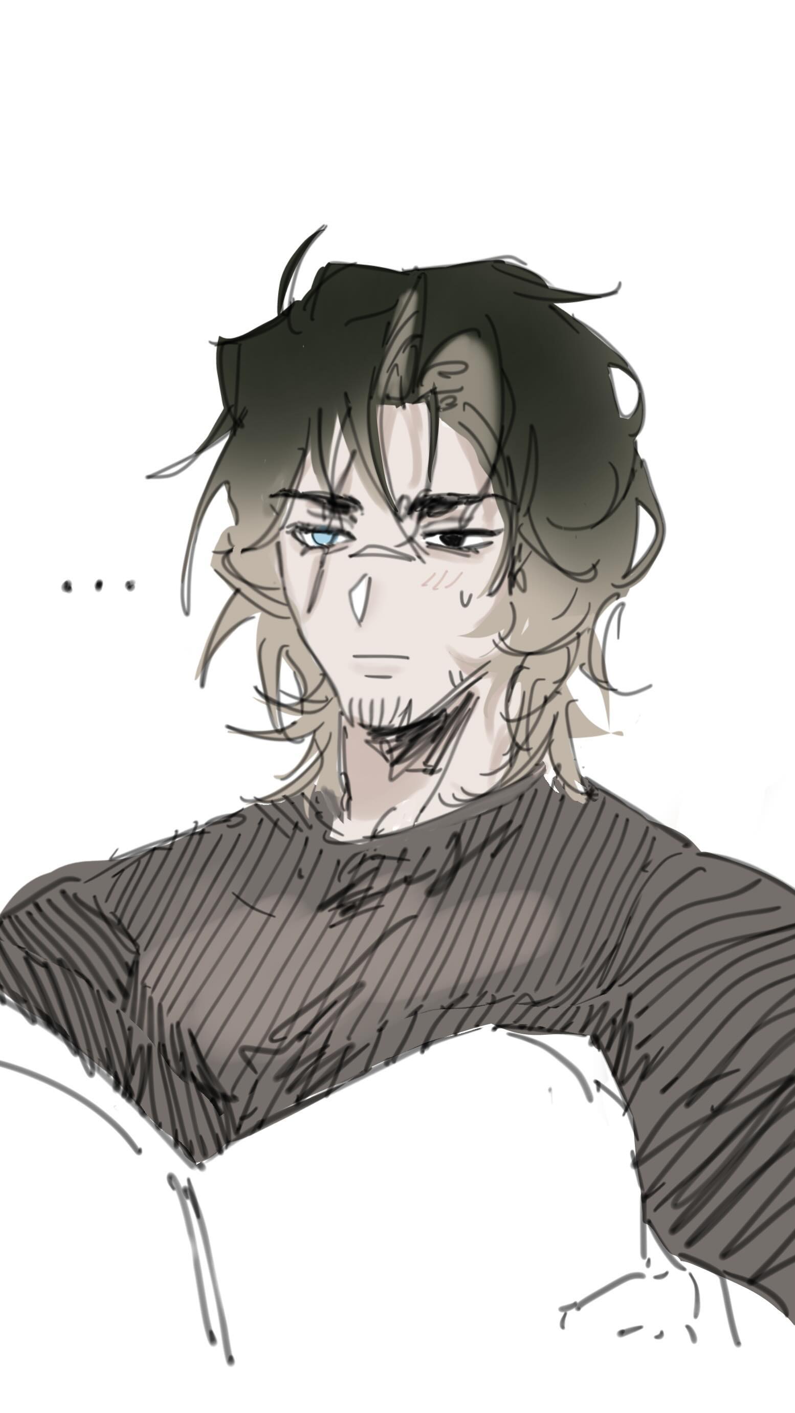 a black and white, sketchy drawing of a man with long, dark hair laying down. he has a scar over his left eye, which is looking away from the viewer while his other eye is closed.  his mouth is drawn in a slight frown. he's wearing a darkcolored, longsleeved shirt with a design that is not fully visible. the lines of the drawing are rough and messy.