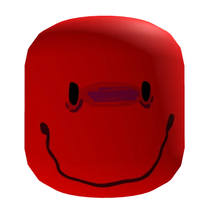 a 3d red face with a smile on a black background. the face has dark eyes and a bruise above the eyes. it appears to be a cartoonish rendering, possibly inspired by a roblox character.