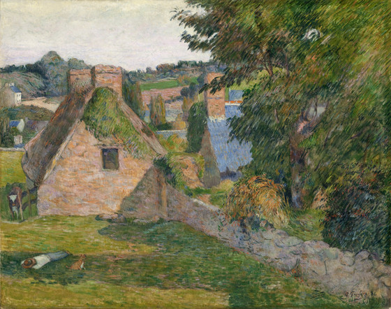 the image is a landscape painting depicting a countryside scene. there are several thatched roof cottages nestled amongst rolling hills and trees. a stone wall runs along the right side of the image, and the foreground is covered in grass. there are also trees with green foliage. in the front of the painting, there appears to be a sleeping figure and possibly a small animal next to them. the style of the painting is impressionistic, with visible brushstrokes and a focus on capturing light and atmosphere.