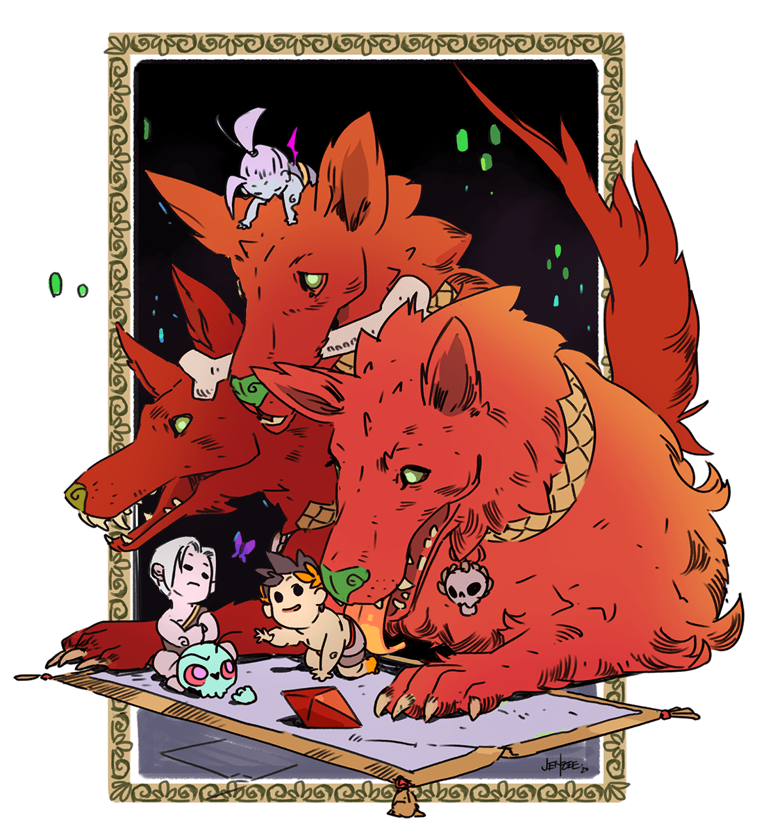 an illustration of three magical red wolf creatures surrounding a group of three fairies, one with a skull on its head, one with wings and one with a crown on its head. the three fairies are looking at a red gem and a skull laying on a white blanket. the illustration is surrounded by a brown frame with a gold design.