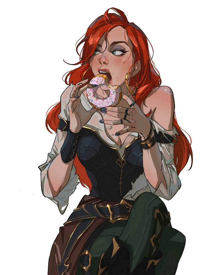 a cartoon woman with red hair is dressed like a pirate, she is eating a donut with a happy expression on her face. the woman is depicted in a digital art style, and she looks like she is enjoying her snack.