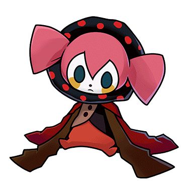 a cute, pink and red cartoon monster with black eyes and red polka dots on its hood. it is wearing a brown coat with red lining and a white button on the front. the monster is sitting down with its legs crossed and its arms crossed. it is looking forward with a slightly bored expression.