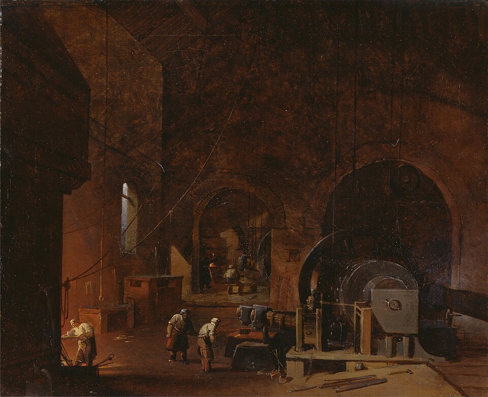 the image depicts the interior of a dark, industrial factory or blacksmith's workshop. several workers are present, attending to tasks such as working iron near an oven. there is machinery present, including a large wheel and possibly forging equipment. the interior is characterized by arches and a sense of dimly lit space, with a small window that is far in the back. the light is focused on where the blacksmith is working.