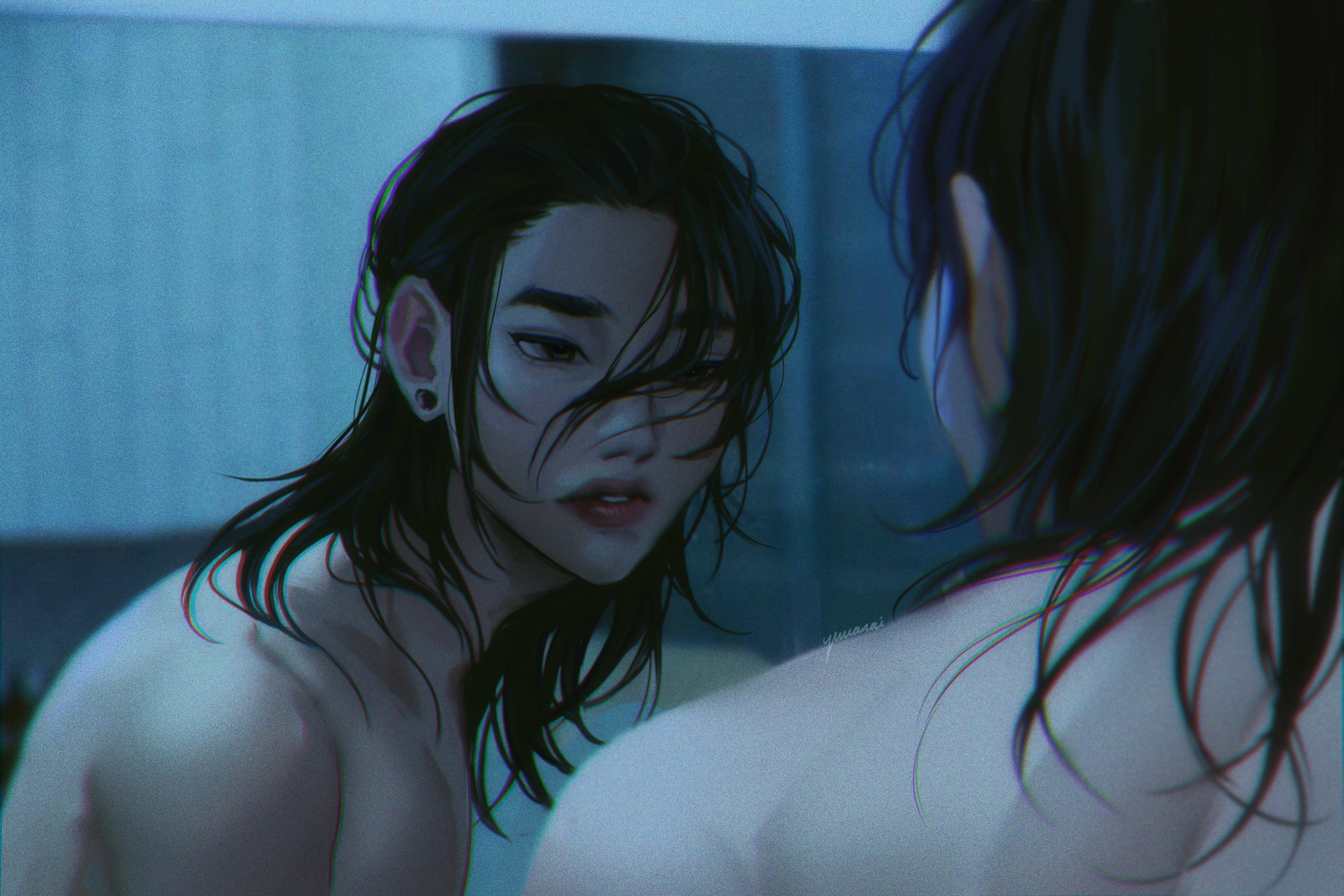 this is a digital illustration of a young man with long black hair looking at himself in a mirror. he is shirtless, and the soft light and shadows create a dreamy and melancholic mood. the image is full of emotions and thoughts, making it a truly captivating piece of art.