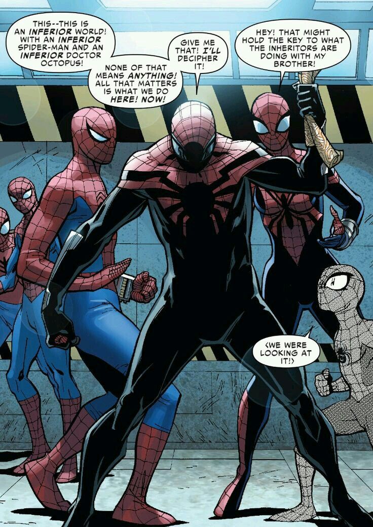 the image is from a comic book and depicts a scene from a battle. the main character in the scene is spiderman 2099, wearing his black and red suit, and is battling a group of spidermen from a different reality. in the background, there are two other spidermen in the foreground, a young girl with a grey and black spiderman suit, and a green octopuslooking creature.