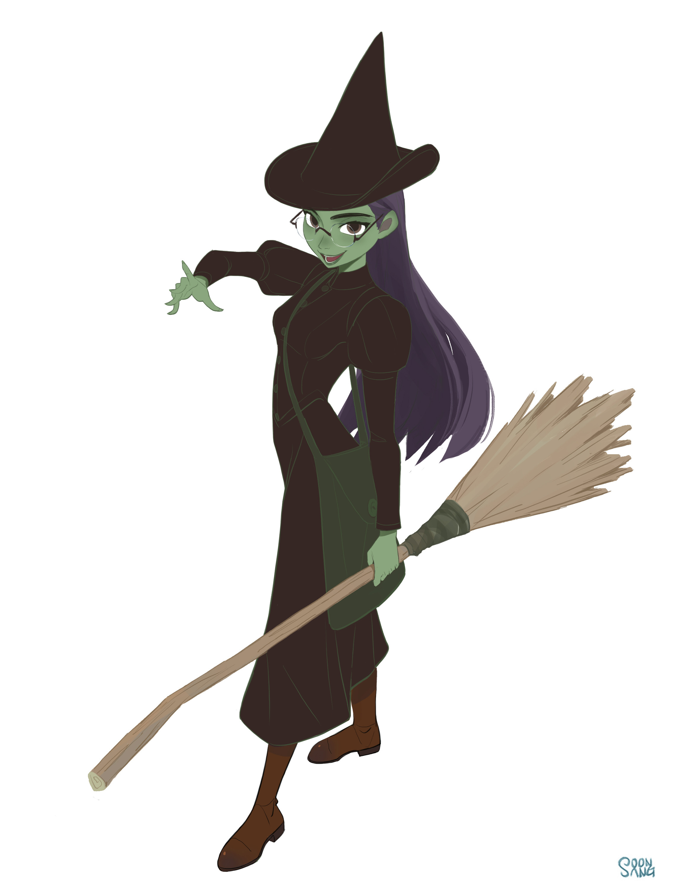 a cartoon witch with green skin stands with her hand out and holds a broom. she has purple hair, a pointy hat and a brown dress with an apron.