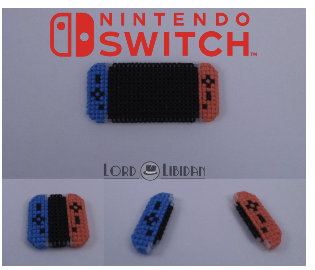 this image shows a cross stitch rendition of a nintendo switch console. there are three different views of the switch, one of which is a closeup of the front, and the other two are of the sides. the stitch is done on a black background with red, blue, and white colors, creating a miniature version of the classic nintendo switch design. the image also includes the logo of the company "lord libidan" who created the stitch, and the branding of nintendo "nintendo switch" with a trademark symbol. the image highlights the creativity and dedication of the artist who crafted this miniature representation of the popular gaming console.
