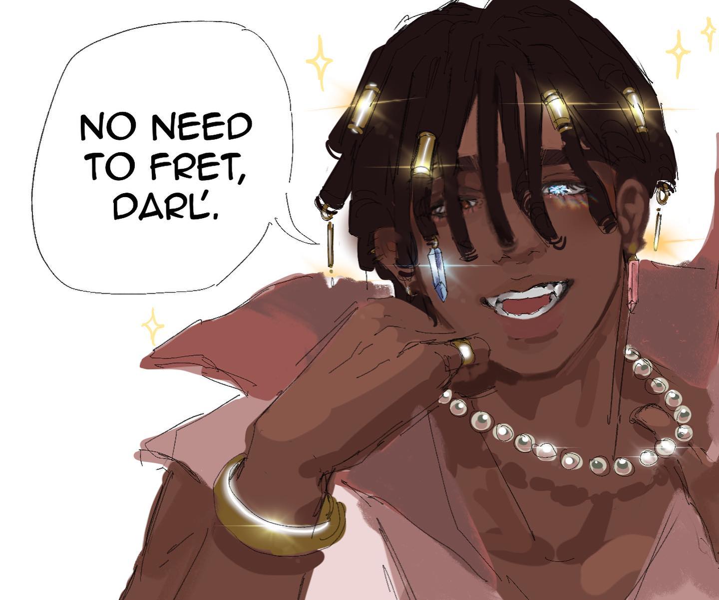 the image features a closeup illustration of a stylish young black man with dreadlocks adorned with golden accents. he is smiling reassuringly and saying, "no need to fret, darl'." the style is reminiscent of a comic book, with a speech bubble for dialogue. he exudes confidence and charm, highlighted by his fashionable attire and jewelry, which includes a pearl necklace, a golden bracelet, and a crystal pendant. the color palette leans towards warm, earthy tones, contributing to a comforting and approachable vibe.