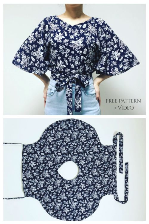 two images are displayed, the top one showing a woman wearing a navy blue floral blouse with a tie at the waist paired with light blue denim shorts. the text "free pattern + video" is overlaid on the bottom right of the image. the bottom image shows the cutout pattern for the blouse laid flat, revealing a circular neck opening and fabric ties. the fabric is the same navy blue floral pattern as the blouse worn by the woman in the top image.