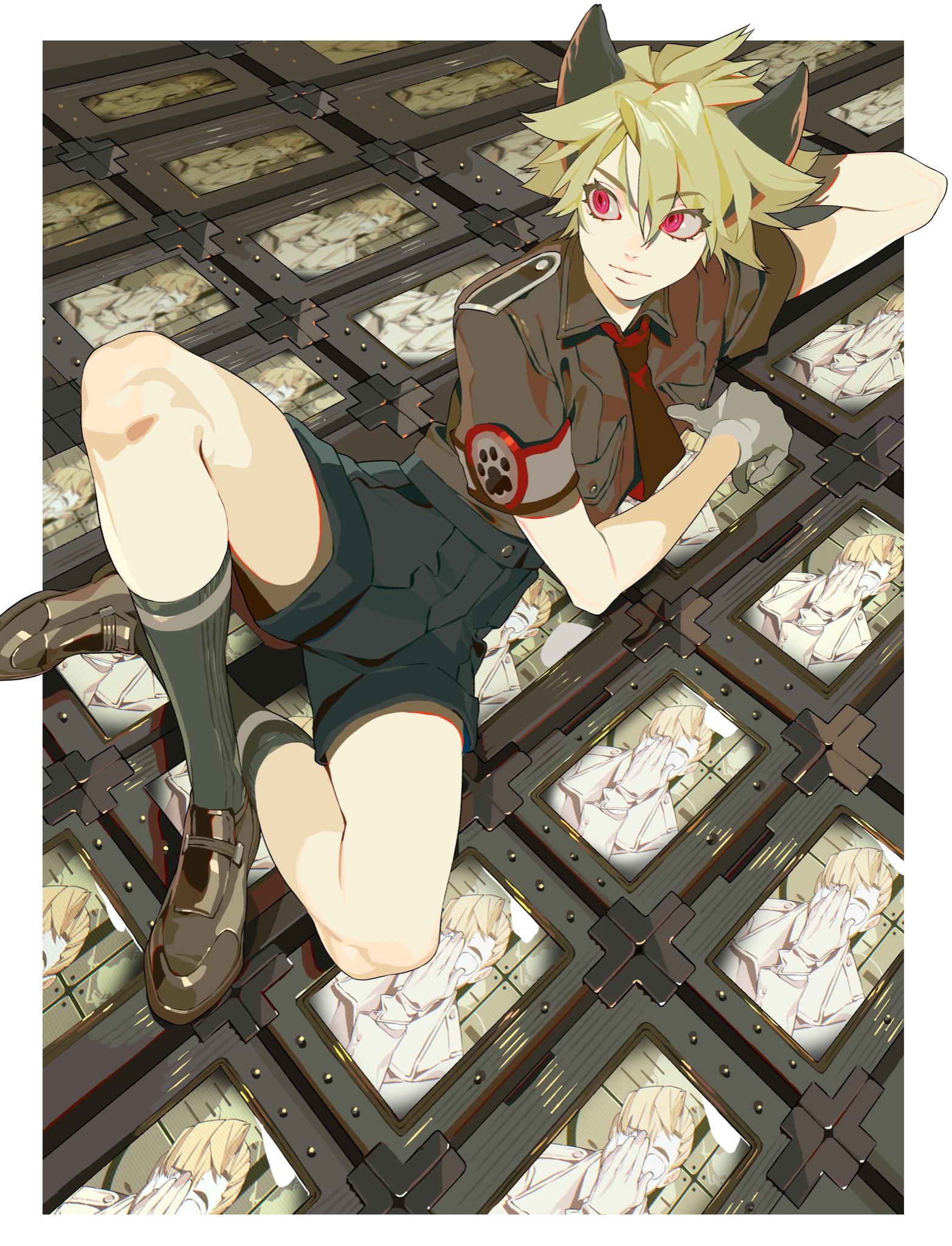 an animestyle girl with dog ears is lying on a tiled surface. the girl has red eyes, blonde hair, and wears a brown uniform with a short skirt, boots, and socks. she has a pawn sign on her uniform. the tiled surface has several tiles with images on them.