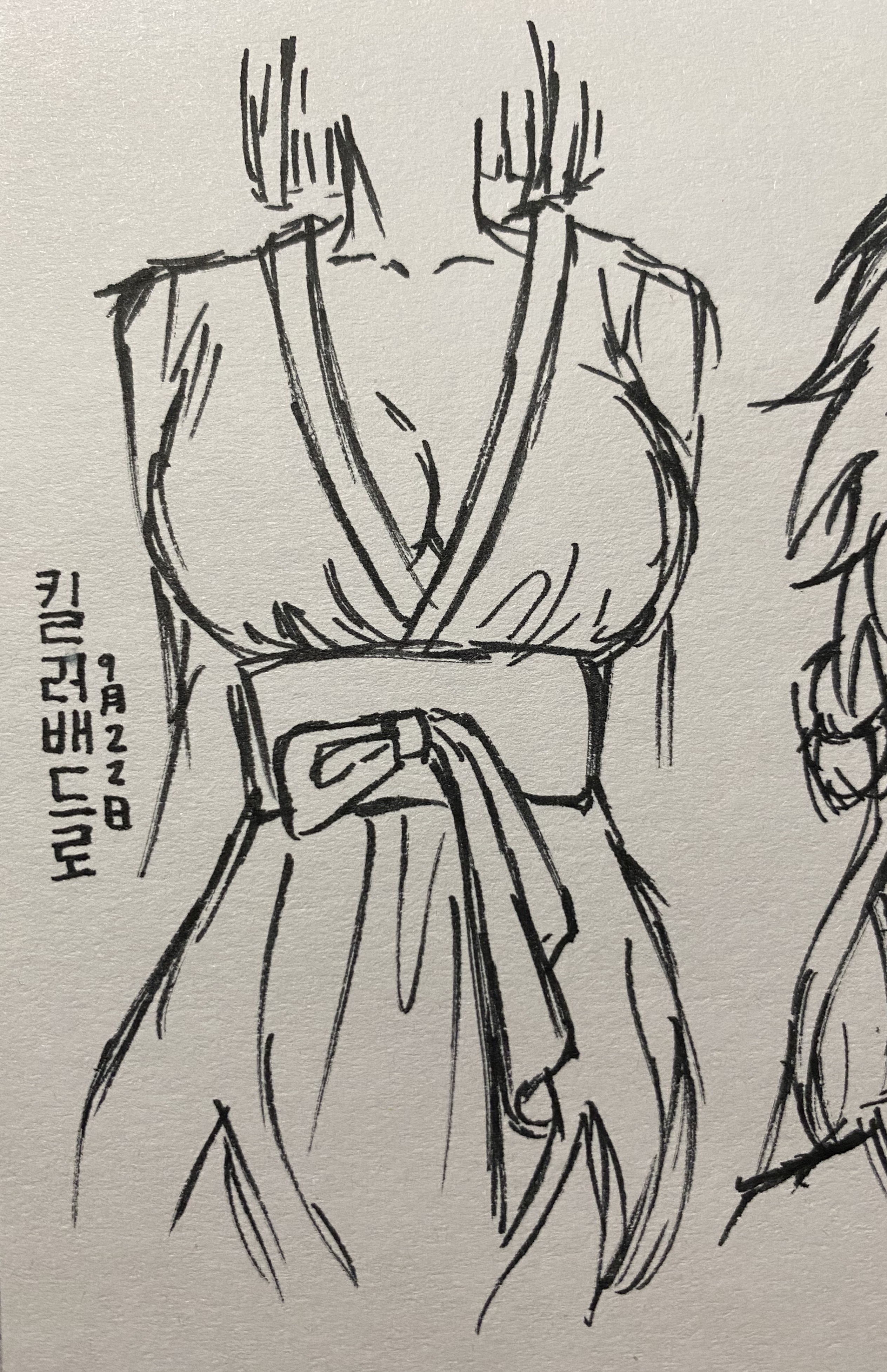 a handdrawn ink sketch of a woman's torso wearing a kimonostyle dress. the drawing is minimalist, focusing on the lines and form of the clothing, with the figure's head and lower body omitted. the dress has a wraparound style with a belt tied in a bow at the waist. the style is elegant and suggestive of east asian fashion. the sketch is done in black ink on a lightcolored background.  there is korean writing visible to the left of the central figure. a partial sketch of another figure is visible on the right.