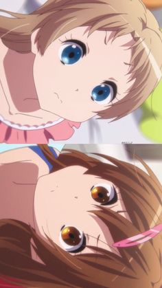 the image features two anime girls, likely twins, drawn in a closeup perspective. the top girl has blonde hair and vibrant blue eyes, while the bottom girl has brown hair and warm brown eyes. both girls are smiling gently, exuding a sense of cuteness. the soft lighting enhances their delicate features and contributes to the overall heartwarming atmosphere of the image.