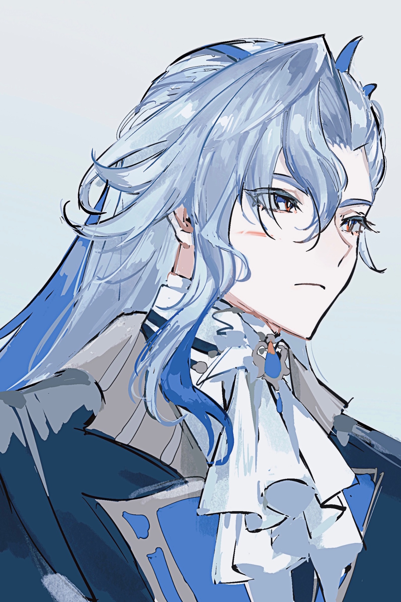 the image is an illustration of an anime character. the character is a male with long, blue hair that is styled in a ponytail. he has blue eyes, a white collar, a blue jacket, and blue pants. he is looking to the side with a serious expression on his face. the background is white.