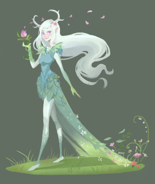 the image is a digital illustration of a fairylike woman with long, white hair and pale skin. she has antlers on her head and is wearing a blue dress made of leaves. in her hand, she holds a pink flower. the woman is standing on a grassy field with flowers and mushrooms growing around her. petals are floating in the air. the background is a muted green color. the overall style is cartoonish and whimsical.