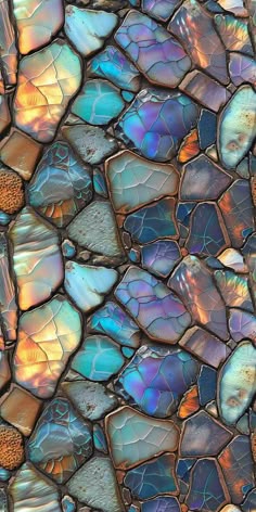 this image showcases a closeup view of a colorful stone mosaic. the mosaic is made up of various iridescent stones, each with a unique pattern and color. the dominant colors are shades of blue, purple, green, and brown. the stones are arranged in an intricate pattern that creates a sense of depth and texture. the mosaic's surface is smooth and polished, reflecting light in a mesmerizing way. the overall impression is one of beauty, complexity, and natural wonder.