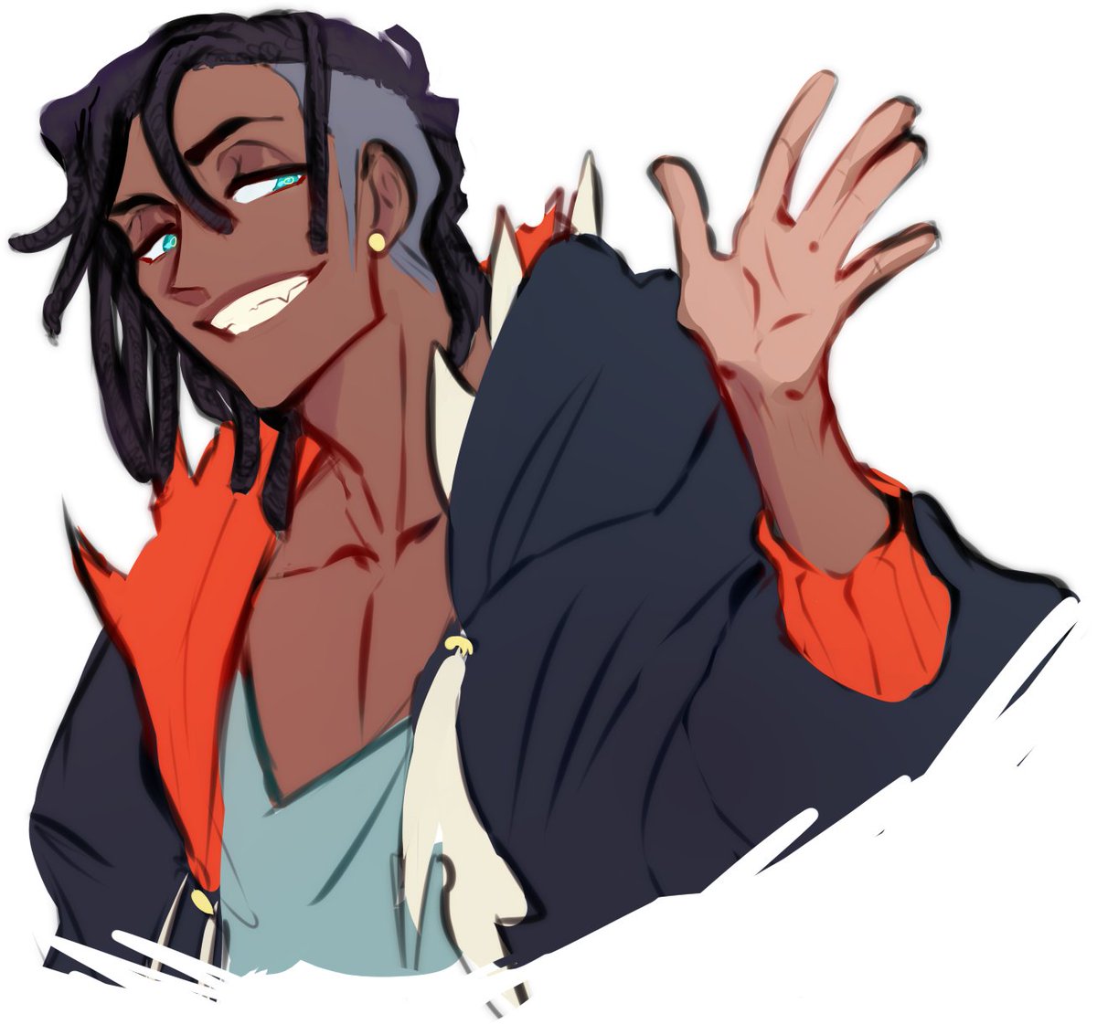 an animestyle digital drawing of a darkskinned male character with dreadlocks, blue eyes, and a smirk revealing vampire fangs. he is wearing an orange and black jacket over a light blue shirt and has a gold earring in one ear. he is waving with his right hand.