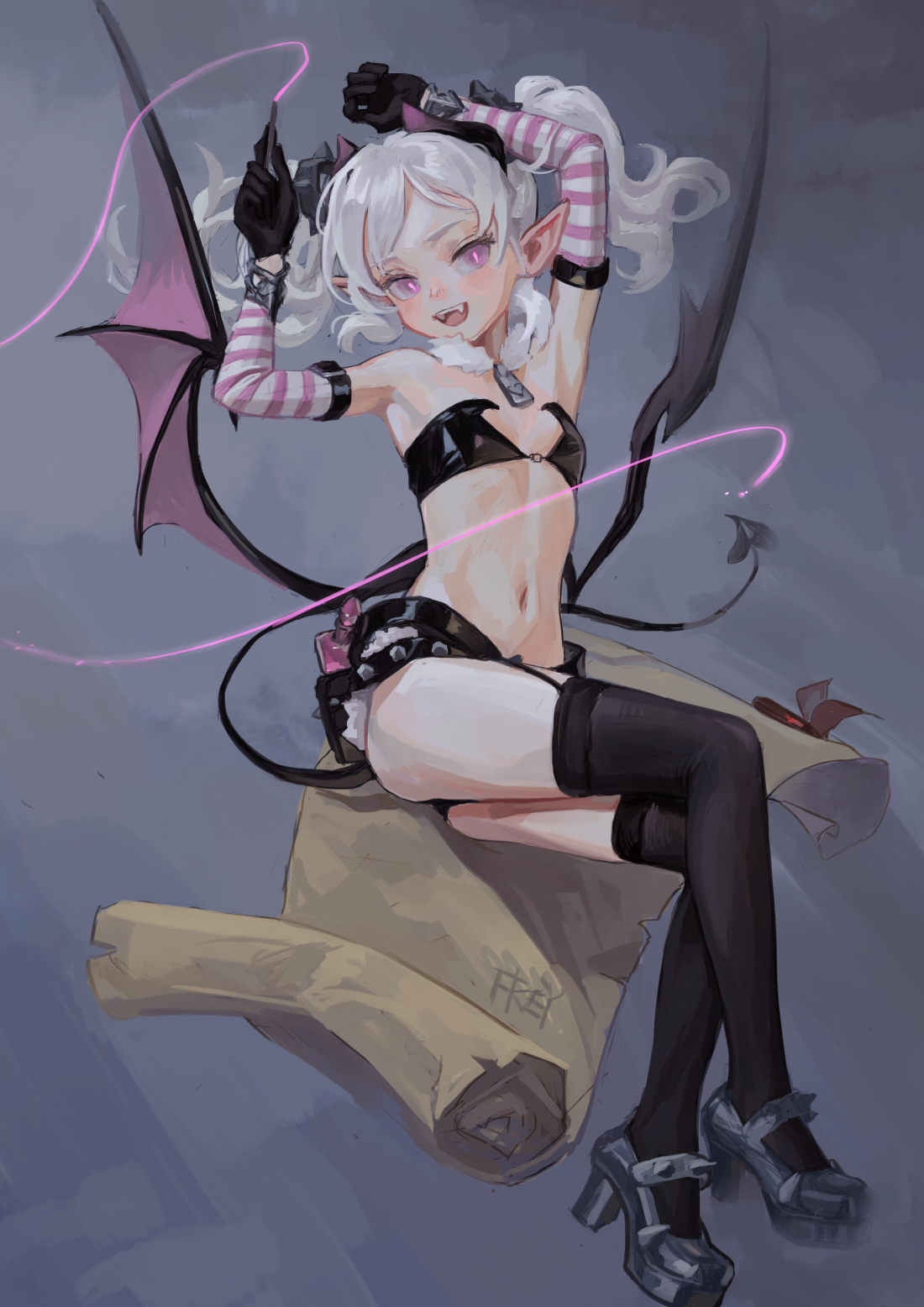 animestyle illustration of an elf girl with bat wings, white hair, and striped arm warmers. she's wearing a black bra, black underwear, thigh highs, and black platform shoes. she has a black tail, and she is sitting on a scroll.