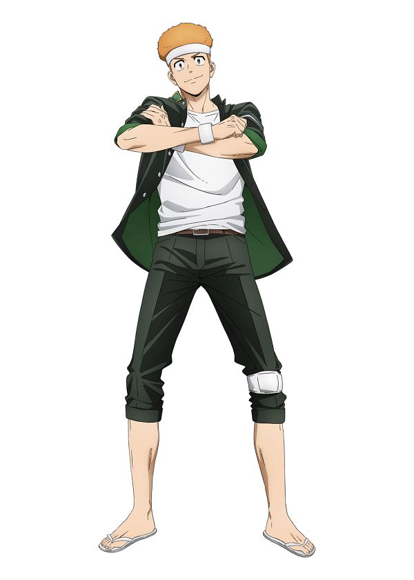 the image features a young male anime character standing confidently with his arms crossed. he's dressed in a casual attire,  wearing a green jacket, a white tshirt, black pants, and white sandals.  his hair is a bright orangeblonde, and he has a white headband on his head. the character has a bright and confident expression, with a slight smile.  his left knee has a white kneepad. the background is white, allowing the character to stand out prominently.