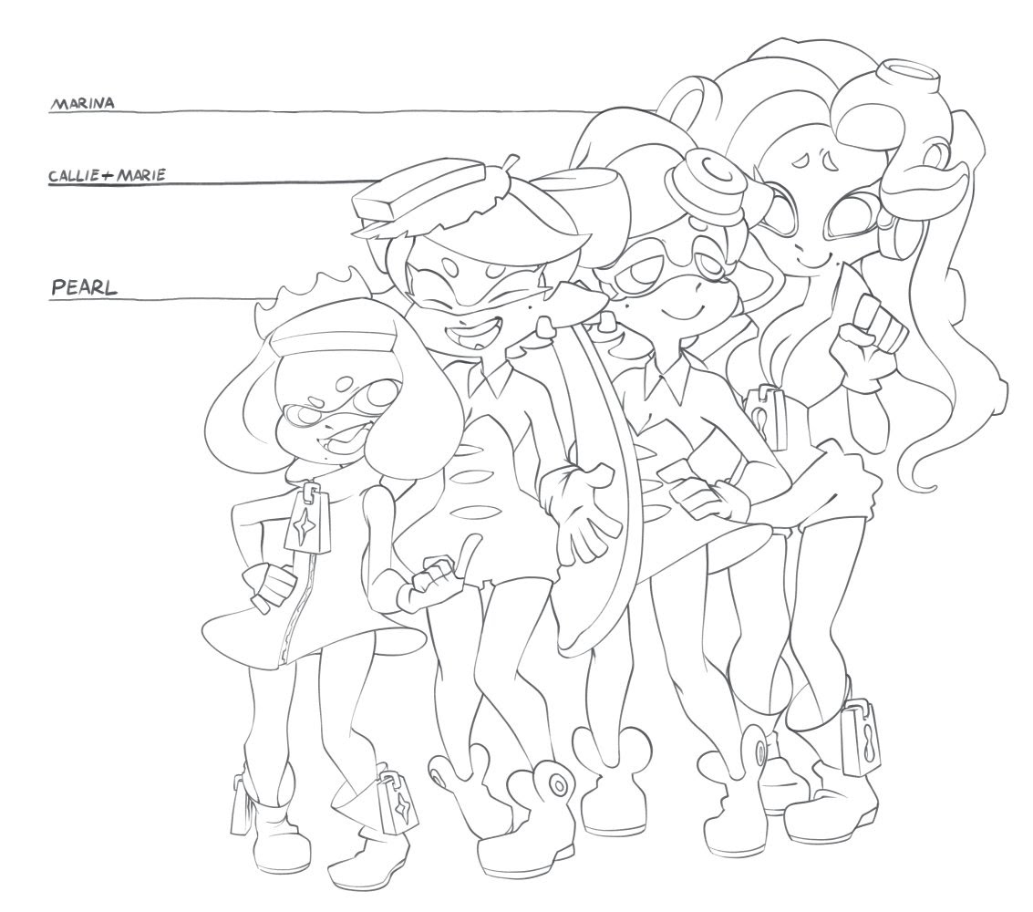 this is a black and white line drawing of four female characters from the splatoon video game series, standing in a row. the characters are pearl, callie, marie and marina.