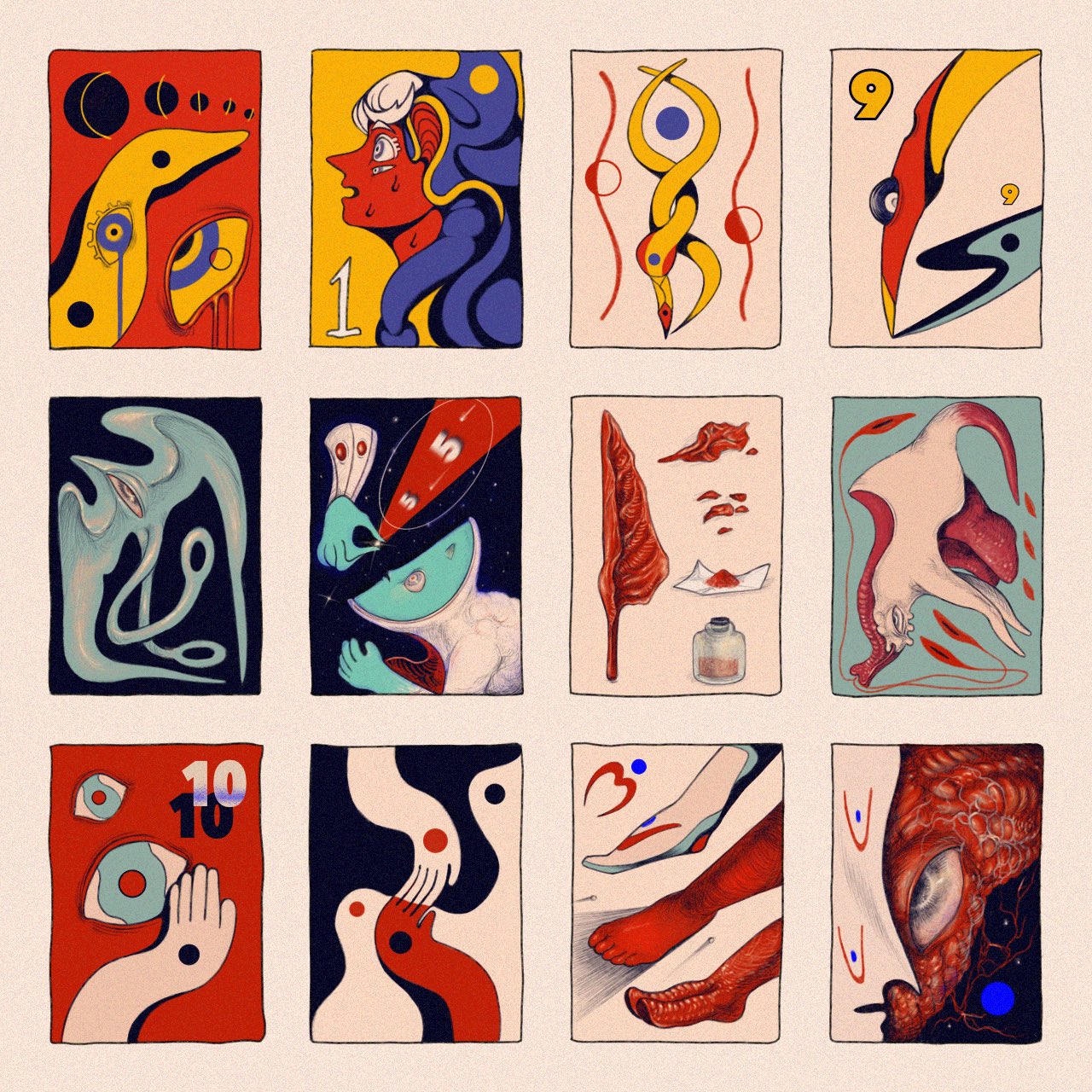 the image shows a grid of twelve individual artworks, each resembling a card or a panel. the artworks are surreal and abstract, featuring various elements such as geometric shapes, human figures, body parts, objects, and symbolic elements. the color palette includes red, blue, yellow, orange, black, and white. each artwork is unique and has a different style, creating a diverse and visually interesting collection. some panels include numbers, eyes, hands, an astronaut, a feather and an ink bottle, feet, and moon phases. the overall style is reminiscent of graphic design, with a focus on bold lines and flat colors.