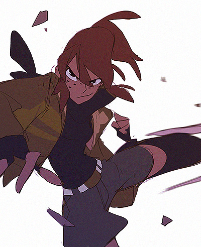 a digital illustration of a female anime character in a dynamic pose, midfight. she has brown hair and is wearing a brown jacket over a black shirt and gray pants. the background is white with purple lines suggesting motion. the overall style is vibrant and dynamic.