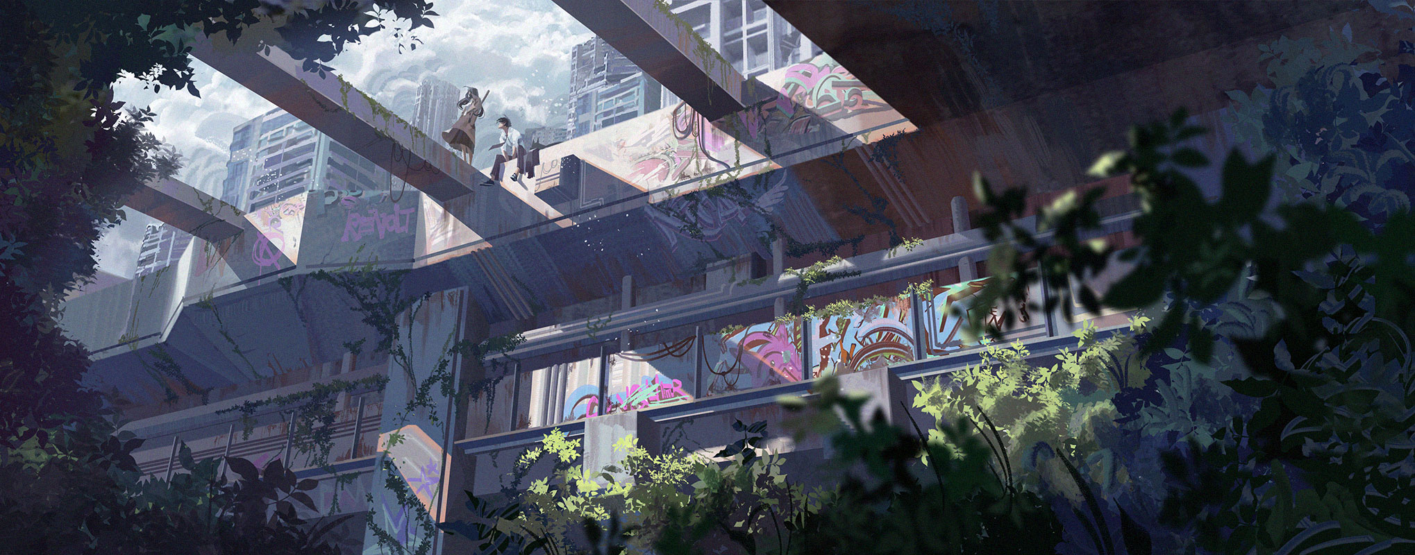 a view of an abandoned building overgrown with vines and graffiti. the building is in a state of disrepair, but the plants growing on it create a sense of beauty and life. the building is located in a city, and the cityscape can be seen in the background. the image is atmospheric and mysterious, and it evokes a sense of wonder and curiosity.  the image is a blend of nature and urban decay, which creates a unique and compelling scene. the colors in the image are muted and earthy, which helps to create a sense of tranquility.