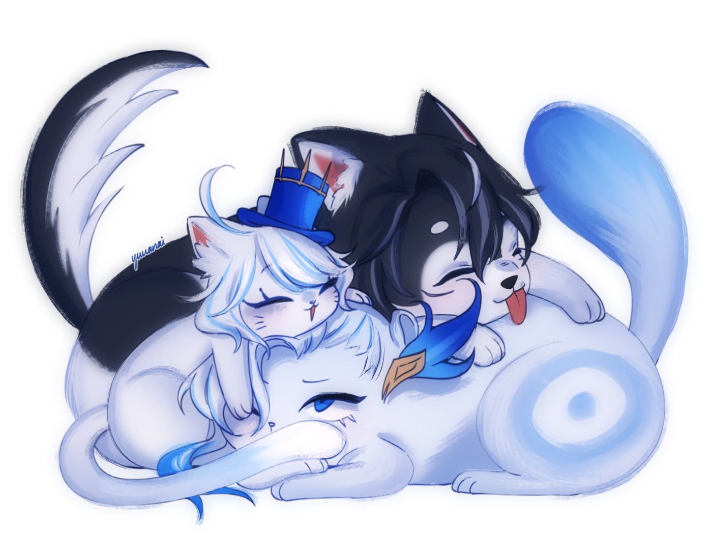this image features a cartoon drawing of three animals: a white and blue cat, a black and white dog, and a white and blue dog. they are all cuddling together and sleeping. the white and blue cat is in the middle, the black and white dog is on the left, and the white and blue dog is on the right. the black and white dog has its tongue sticking out, and the white and blue dog has a blue tail. the image is drawn in a cute and whimsical style, with soft colors and rounded shapes. the animals are drawn with big eyes and friendly expressions, giving them a very adorable look. overall, the image is very sweet and heartwarming, showing the bond between friends.