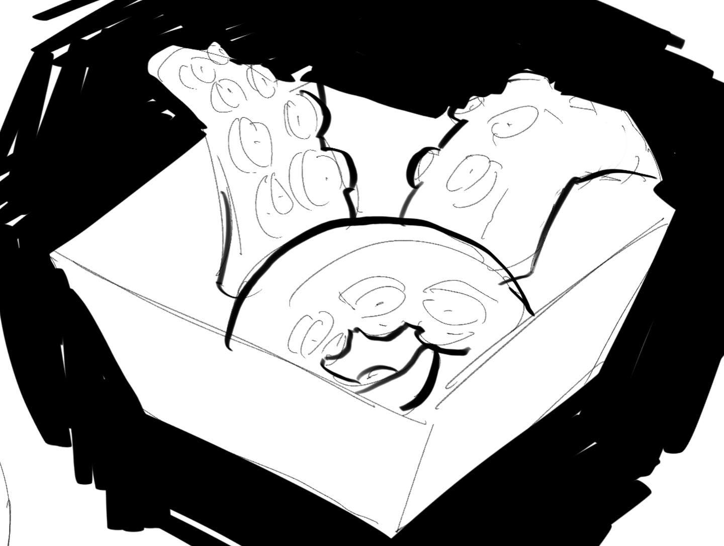 a black and white sketch of an octopus crammed into a box. it's drawn from above and only the octopus's head and arms are visible.  the drawing style is loose and expressive.