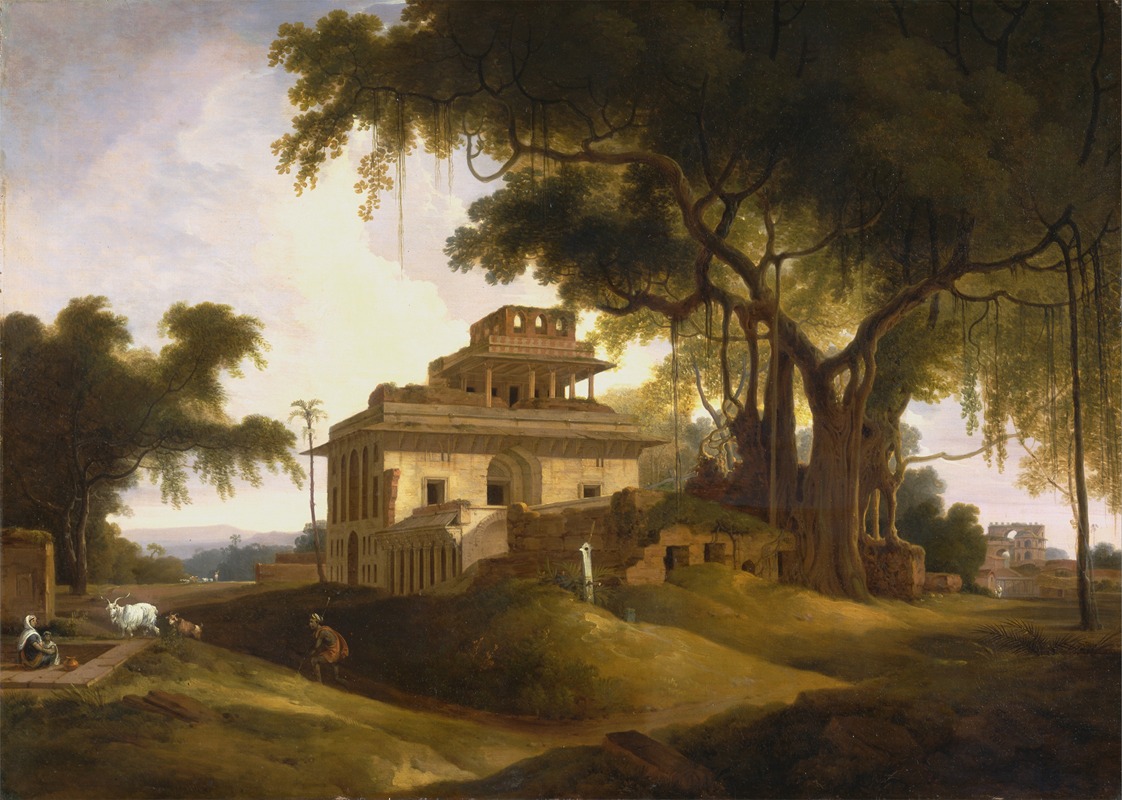the image is a painting depicting a classical landscape with architectural ruins and natural elements. the focus is on a large, possibly ancient building, which seems to be in a state of disrepair, with parts of its structure crumbling. dominating the scene is a large, mature banyan tree with its characteristic aerial roots, providing shade and adding to the sense of age and history. in the foreground, there are figures and animals, including goats, suggesting human presence and interaction with the environment. the overall atmosphere is one of tranquility and the remnants of a oncegrand past. the sky is partly cloudy, creating a soft, diffused light that illuminates the scene. distant hills can be seen in the background, adding depth to the landscape.