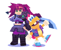 two stylized pixel art video game characters stand against a white background. the taller character on the left is a young woman with purple hair, green eyes, and armor. the shorter character on the right is yellow and orange with large teeth.  they are holding hands.