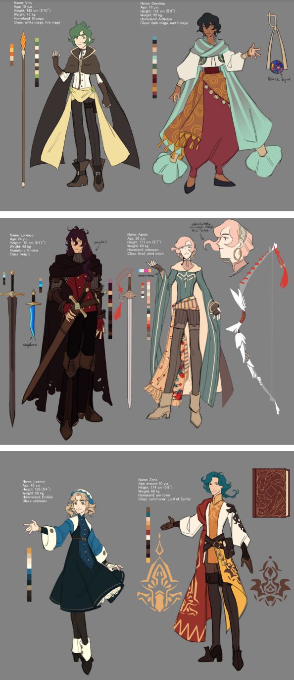 this image shows four different character designs for a fantasy game or anime. each character has a different class and role, and each has a unique outfit, weapon and skill.  the character designs are drawn in a detailed anime style with vibrant colors and dynamic poses. they're all depicted against a simple grey background, allowing for a clear focus on the designs themselves.  the image is likely a concept art piece for a fantasy game or anime.