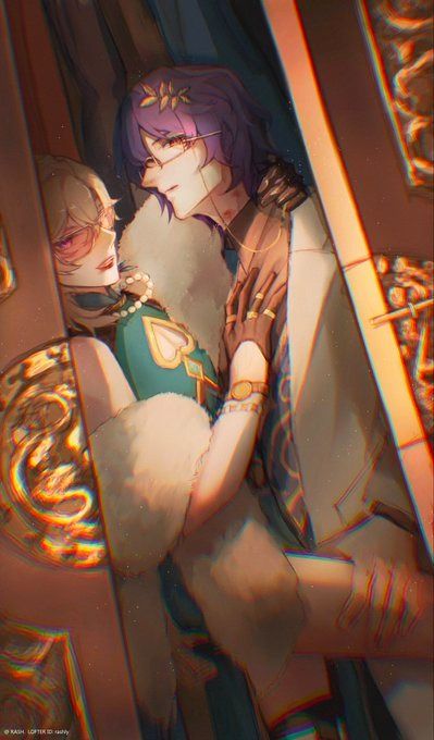 the image is a piece of digital fanart depicting a romantic and intimate scene between two characters, seemingly inspired by the art style of anime or manga.  one character has purple hair adorned with flowers and wears glasses, appearing somewhat elegant in a white, ornate outfit. the other has blonde hair and is dressed in a teal and gold dress, looking sensual. they are embraced in a close, affectionate pose within a luxurious, goldentoned setting. the overall atmosphere is warm, sensual, and suggestive of a romantic relationship. the artwork displays high skill in rendering details and creating a compelling mood.