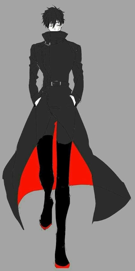 an anime male in a black coat with red lining and tall black boots looks serious and stylish while he walks. he is drawn in a simple, minimalist style.