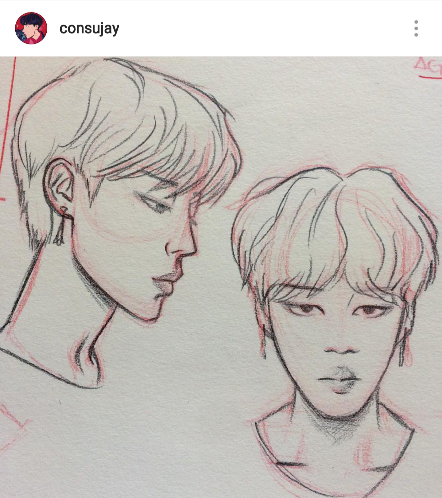 the image shows a drawing with two sketches of a male face, likely a portrait. one sketch is in profile view, and the other is in a front view. the drawings are done in pencil and red ink, with some details in black ink. the drawings appear to be a study of the face, capturing different angles and expressions. the username "consujay" is visible, suggesting it might be the artist or source of the image. the style is illustrative and somewhat stylized.