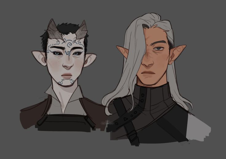this is a digital art illustration of two fantasy characters. the character on the left has blue hair, horns, and an intricate tattoo on his forehead, while the character on the right has long white hair and pointy ears.  the character on the left is wearing a brown and white jacket, and the character on the right is wearing a black shirt with straps and a white collar. they both have serious expressions on their faces.