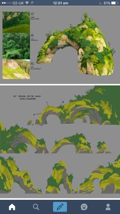 this image shows a digital illustration of a mountain landscape. the image is divided into two sections. the top section shows a single mountain archway, while the bottom section shows multiple rock formations and archways. the formations are made of rock and grass and have a green, natural look.