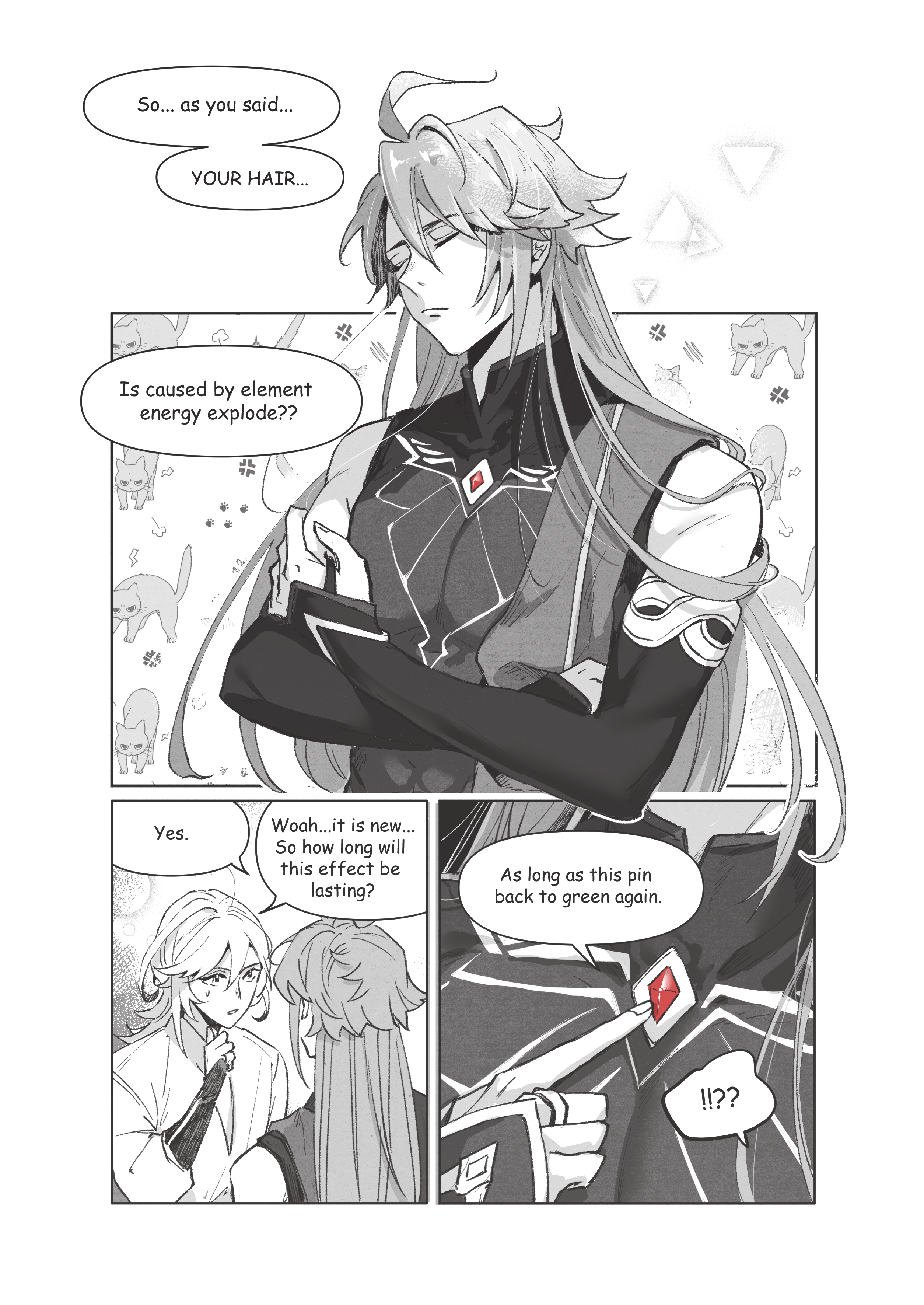the image is a comic strip from an anime or manga. it shows two characters, both with long silver hair, one of whom is pointing to their chest, where a red gem is placed, while the other one is looking at it. the image is black and white, and the text is in japanese. the text is about how long the effect of the explosion will last.